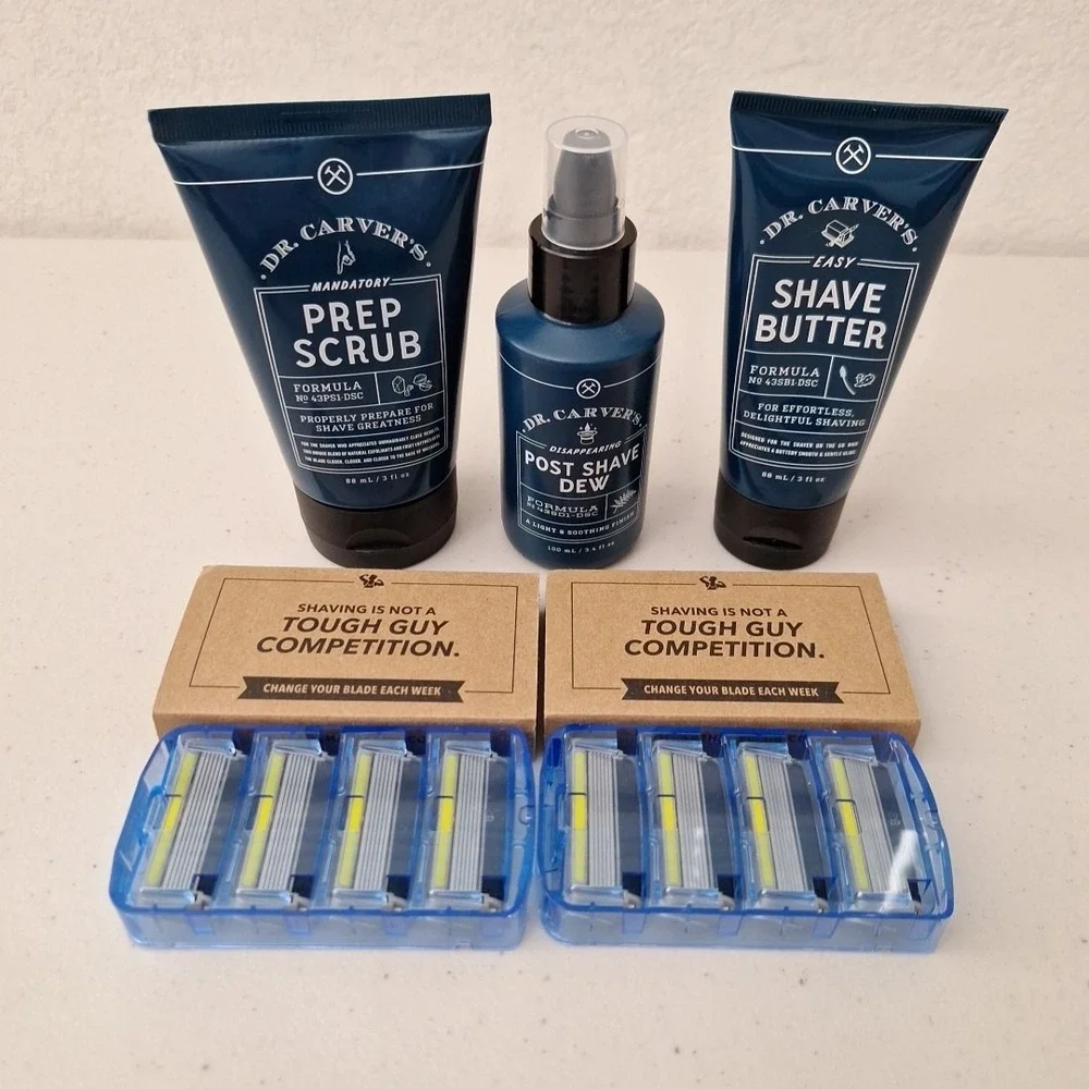 NEW SEALED Dr Carvers Shave Set Pre Scrub Shave Butter Post Shave Dew & 8 RAZORS